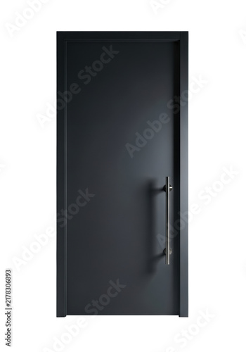 charcoal gray architectural slab door with a vertical brushed stainless steel pull handle, isolated on a sterile white studio background under dramatic volumetric lighting. Concept of choice and