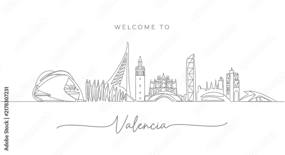 Obraz premium Valencia Skyline Line Drawing - Modern Architecture Cityscape Panorama