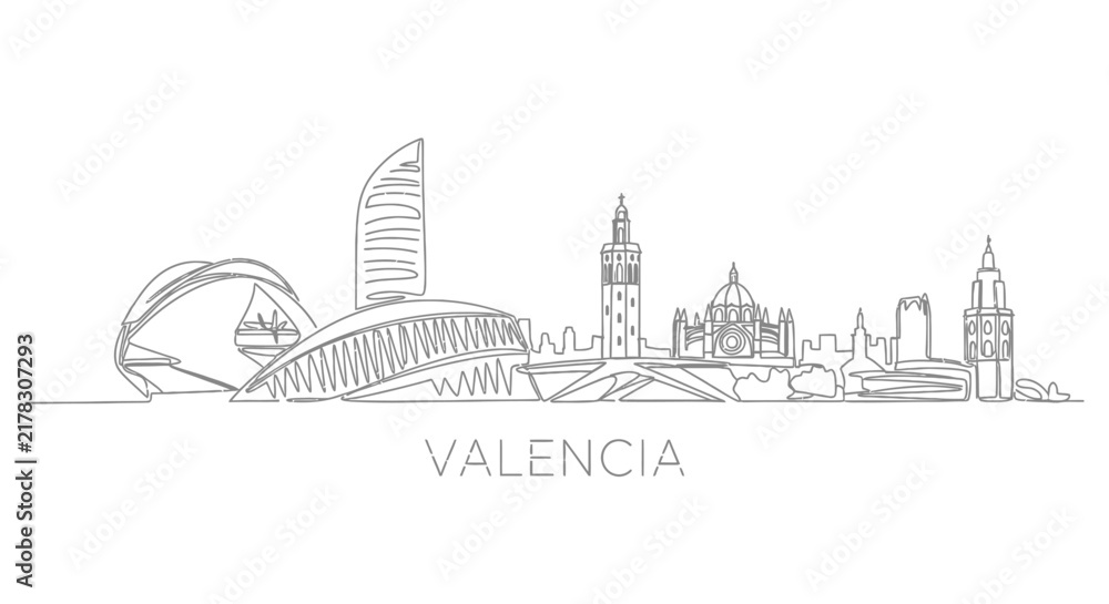 Obraz premium Valencia Skyline Line Drawing, Modern Architecture, Historic Buildings, Cityscape Art