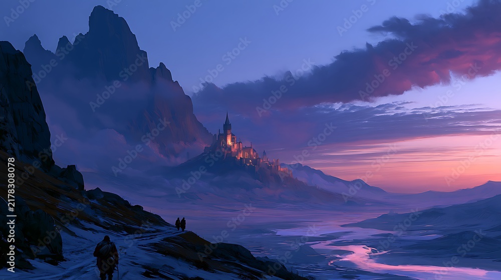 Obraz premium Fantasy landscape with traveler walking toward a glowing castle in mountains at sunset.