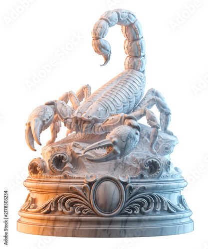 Obraz na płótnie Scorpio zodiac sign represented by a detailed marble scorpion sculpture, isolated on a transparent PNG background with a classical carved-stone aesthetic
