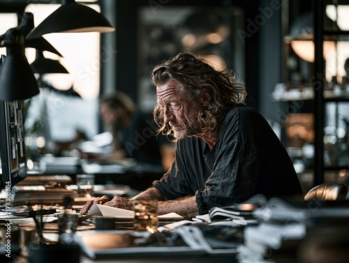 Creative director, in a contemporary open-plan workspace, focused and productive mood, soft natural morning light, sharp focus with shallow depth of field, for magazine cover use