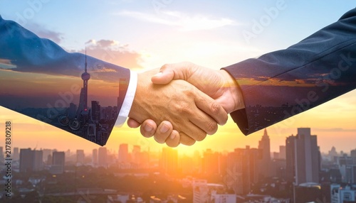 Double exposure photograph of a professional handshake combined with a modern cityscape at sunrise.