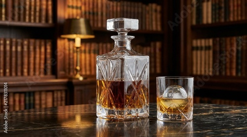 Elegant crystal decanter and whiskey glass with ice in library setting
