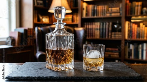 Luxury Whiskey Decanter and Glass with Ice Ball, Study Library Background