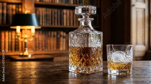 Crystal Whiskey Decanter and Glass on Wooden Table, Library Background