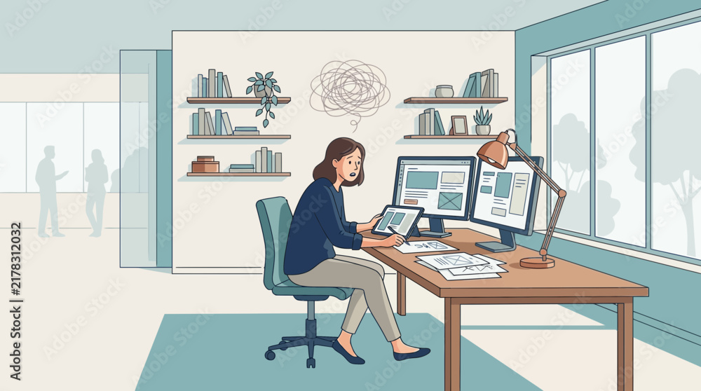 Obraz premium Woman working at computer desk, feeling stressed and confused at home office
