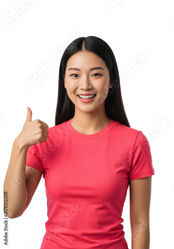 a young east asian woman (25) in a vibrant neon pink t-shirt, smiling and giving a thumbs-up in a high-key studio with transparent copy space, conveying positive affirmation concept of approval and