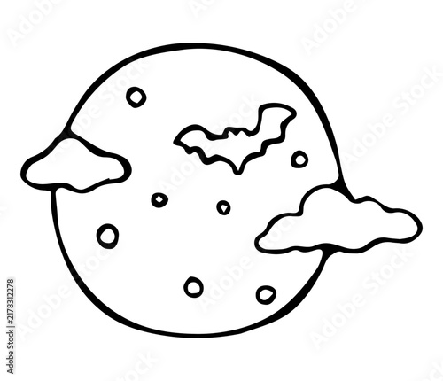 Hand Drawn Full Moon with Bat and Clouds Line Art Doodle Illustration for Halloween Night Sky Design