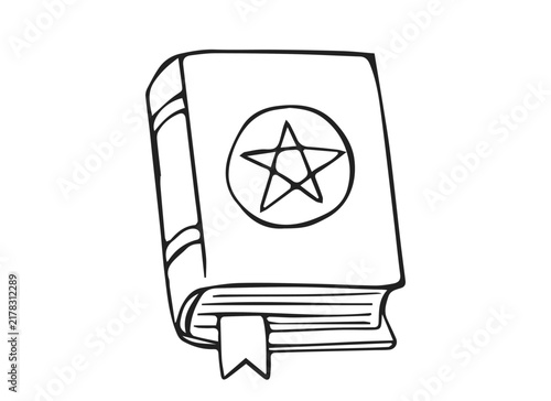 Hand Drawn Witch Spell Book with Pentagram Symbol and Bookmark Line Art Doodle Illustration