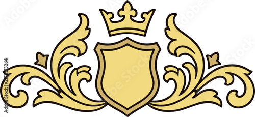 Golden shield with elegant crown and royal baroque foliage ornaments for luxury branding.