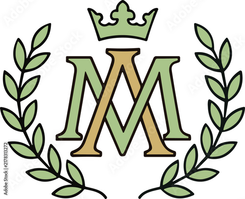 Green and gold monogram letters M and A with royal crown and surrounding laurel wreath.