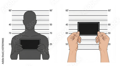 Stylized male silhouette and vector hands holding blank identification placards in a high-contrast diptych against a sterile white background with mugshot height lines. Concept of criminal