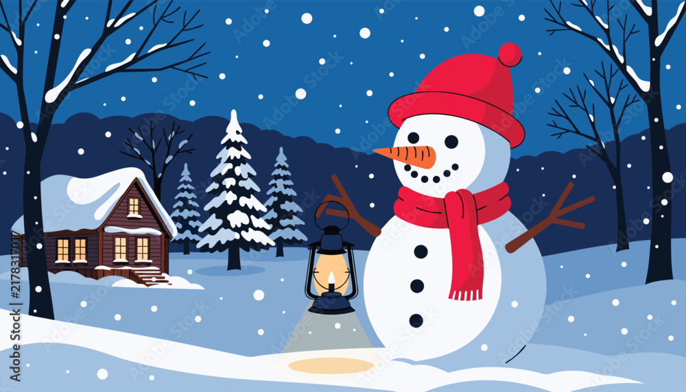 Fototapeta premium Snowman with lantern in snowy village at night with falling snow vector illustration