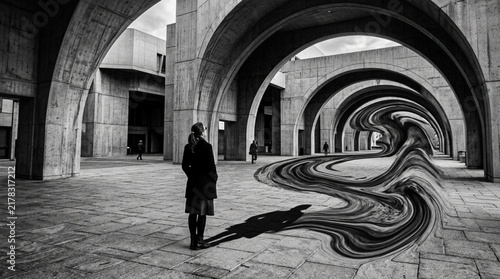 Surreal Abstract Architecture - Woman Standing in Concrete Arches, Distorted Path