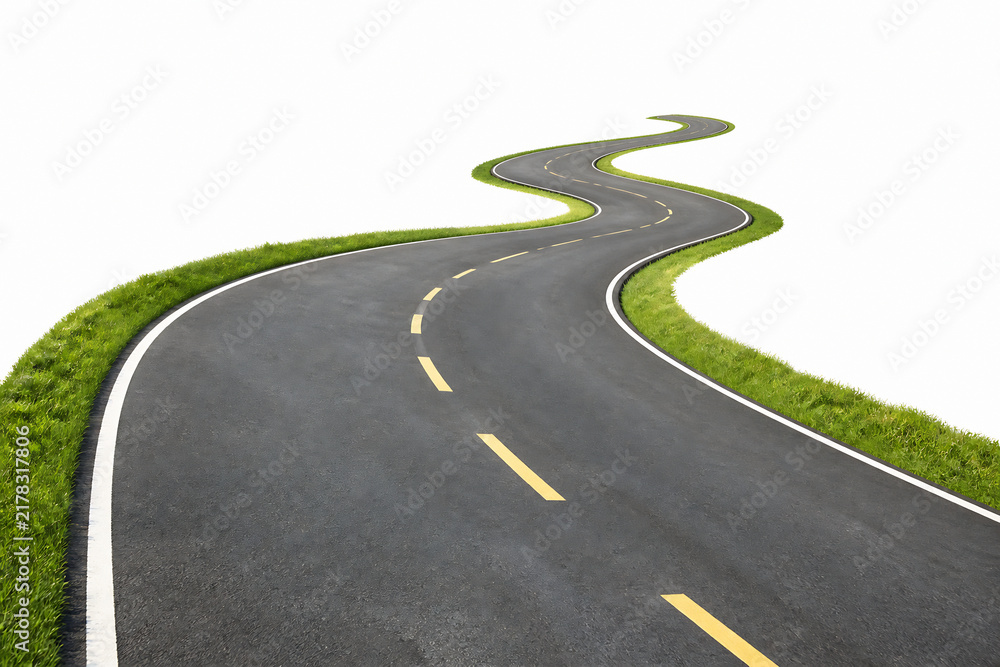 Obraz premium A winding asphalt road curves through a grassy landscape against a white background.
