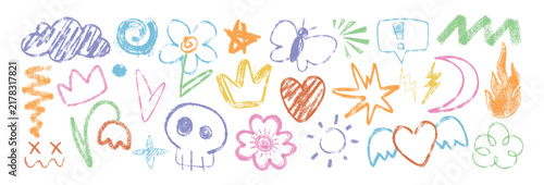 Foto Hand drawn colorful crayon doodle shapes, squiggles, lines set