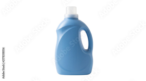Foto Blue plastic laundry detergent bottle standing on a white background