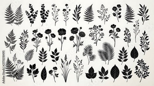 Set of black stamped leaves ferns and flowers silhouettes with black prints