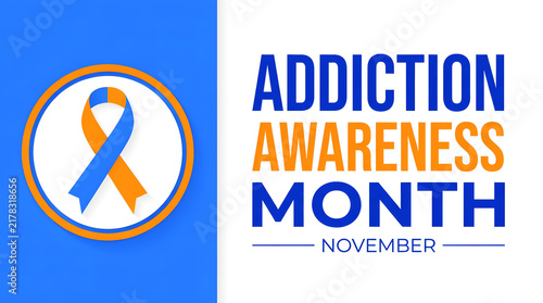 Promotional graphic for addiction awareness month featuring a ribbon and text emphasizing november as the dedicated time for awareness