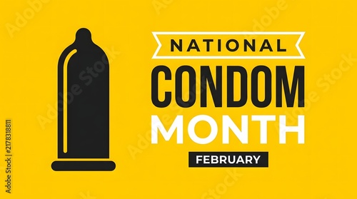 National condom awareness month illustration with a dark colored prophylactic against a vibrant bright yellow backdrop displaying the month of february