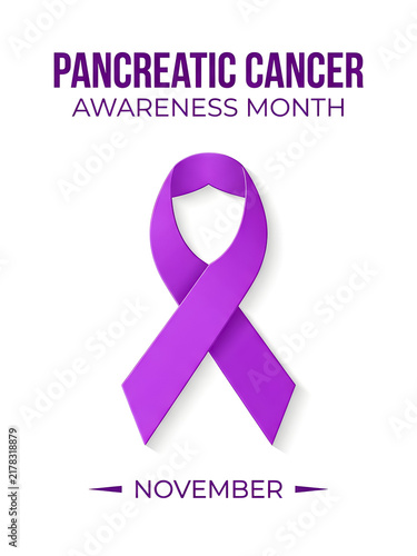 Illustration promoting awareness and support for pancreatic cancer research remembrance and advocacy featuring a prominent purple ribbon design with accompanying text