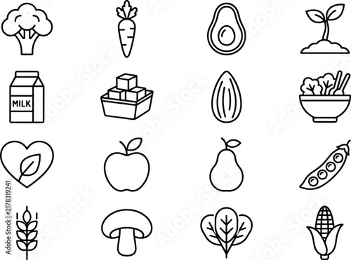 16 Organic Food, Vegetables, and Healthy Nutrition Line Icons Set