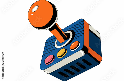 Retro Arcade Joystick Controller Illustration in Vintage Style with Colorful Buttons Isolated on White Background