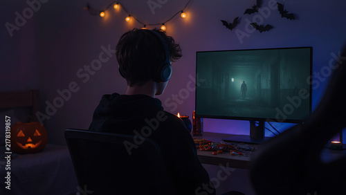 Gamer in headphones playing horror video game on desktop computer in room decorated for halloween, created with generative ai.