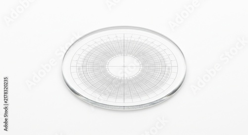 Optical comparator glass reticle with a laser-etched microscopic crosshair grid. Transparent optical glass disk for industrial precision inspection and calibration. Isolated on white background.
