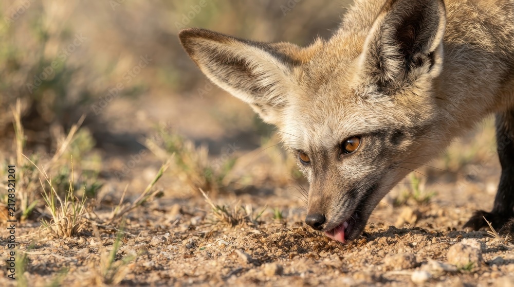 Obraz premium Bat-eared Fox in Dry Terrain: A striking bat-eared fox with its characteristic large ears is focused on sniffing the dry, dusty ground.