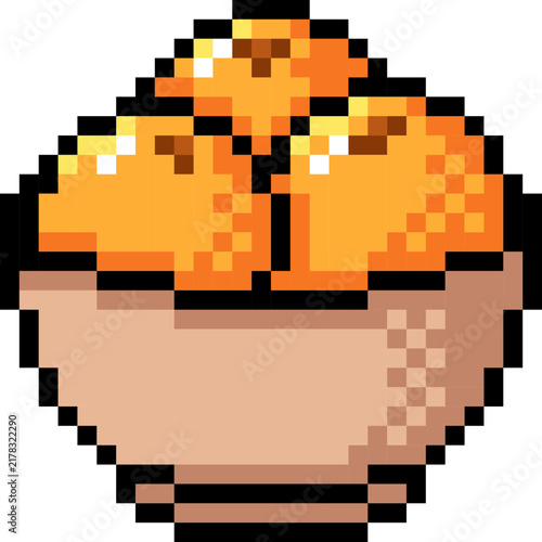 Cute Orange in Bowl Pixel Art, Vector Illustration