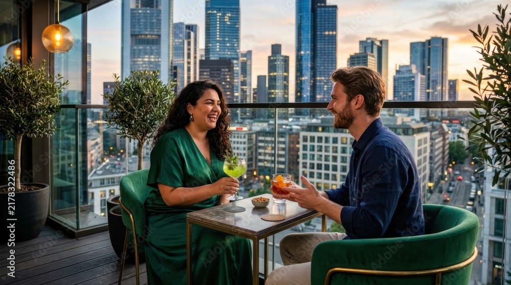 Obraz premium Cityscape Romance: A couple shares a delightful moment on a high-rise balcony, clinking glasses against a breathtaking urban skyline at sunset.