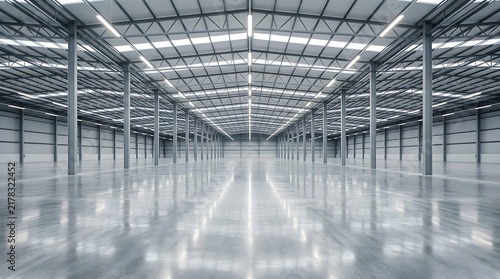 Empty industrial warehouse interior with polished concrete floor and high ceiling structure