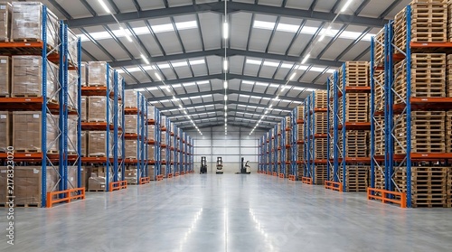 Modern industrial warehouse interior with tall storage racks and stacked shipping pallets