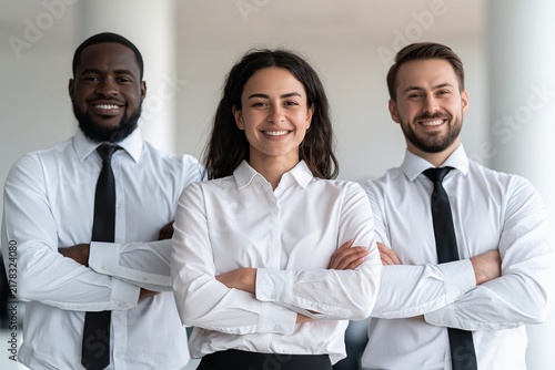 Three diverse business professionals standing together in an office with arms crossed and smiling