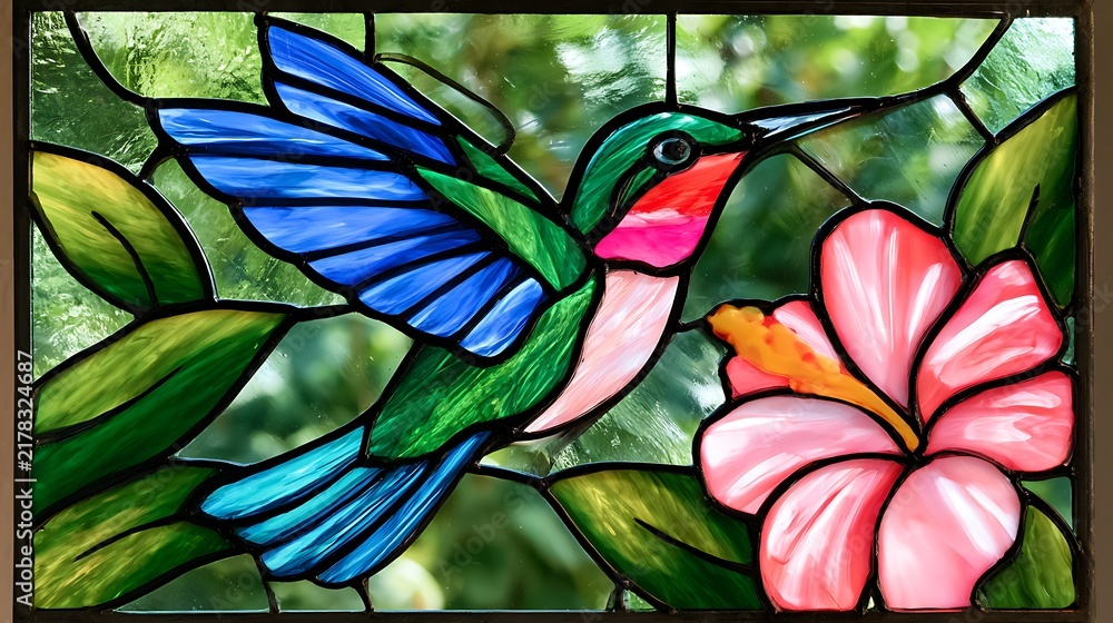 Obraz premium Stained Glass Panel with Hummingbird and Hibiscus / ハチドリとハイビスカスを描いたステンドグラスのパネル