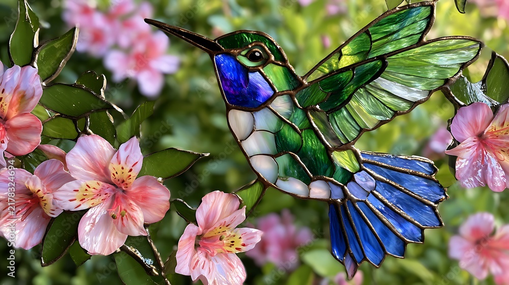Naklejka premium Stained Glass Hummingbird among Pink Blossoms / ピンクの花に囲まれたステンドグラスのハチドリ