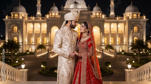 Cinematic Pakistani Wedding Portrait of Bride and Groom at Night