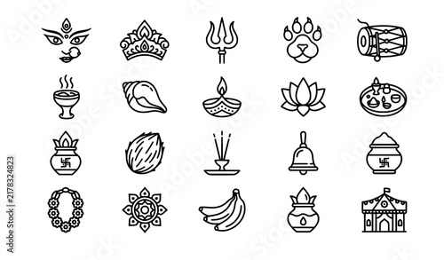 Durga Puja Celebration 20 Black Outline Icons with Ritual Objects Goddess Durga Dhak Dhunuchi and Festival Symbols