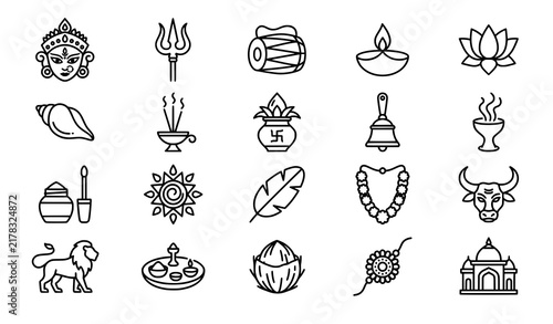 Durga Puja Religious Festival 20 Outline Icons Set with Goddess Durga Dhak Trishul Diya and Ritual Symbols