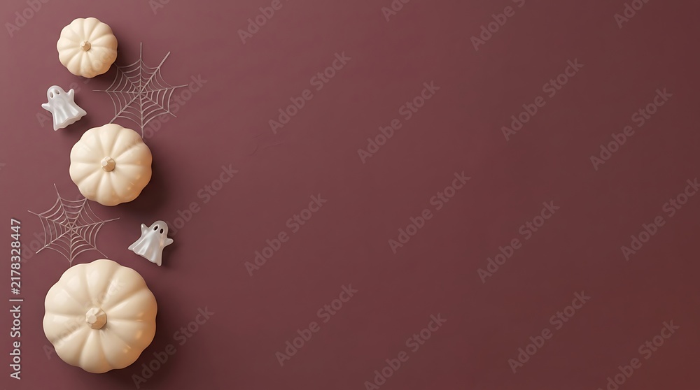 Obraz premium White pumpkins and ghost decorations on a dark red holiday background