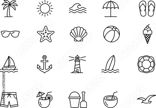 20 Summer Vacation, Beach, and Marine Line Icons Set
