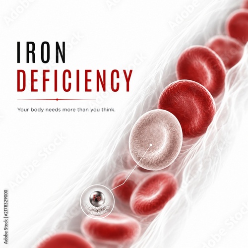 Iron Deficiency Anemia Medical Illustration with Microscopic Red Blood Cells and Mineral Fe Symbol