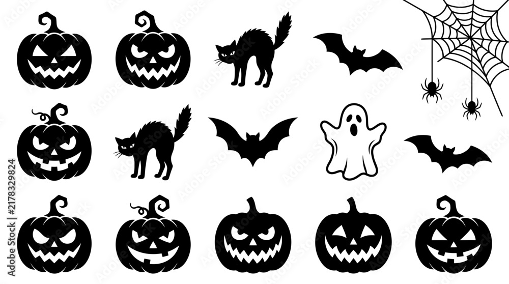 Fototapeta premium Halloween icons collection featuring spooky carved pumpkins black cats flying bats scary ghosts and spider webs on white background