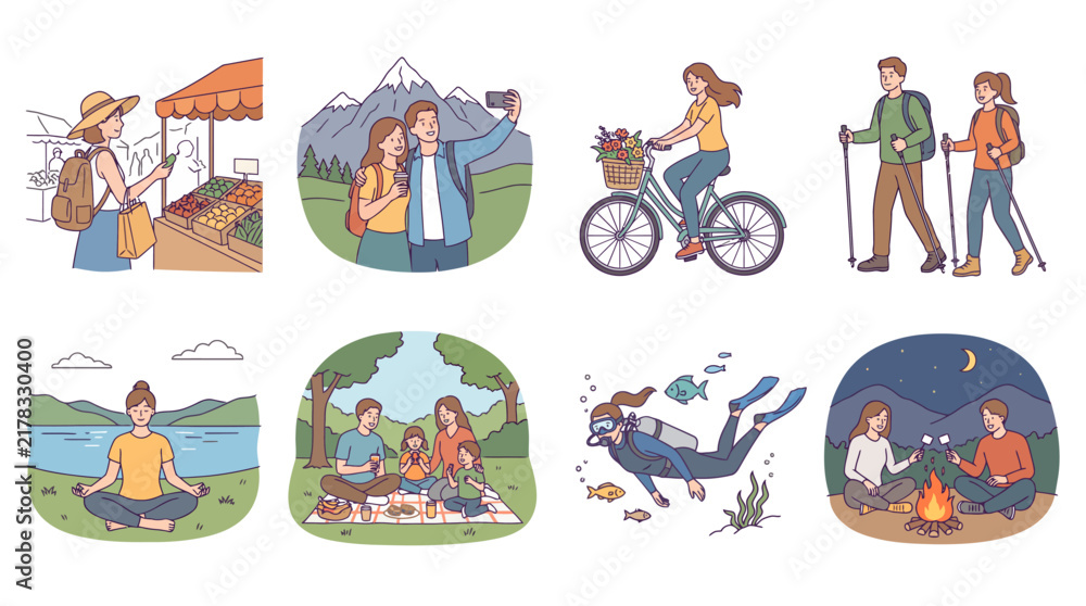 Fototapeta premium This illustration captures various outdoor activities promoting well-being, including biking, hiking, and family picnics, highlighting the importance of nature in our lives.