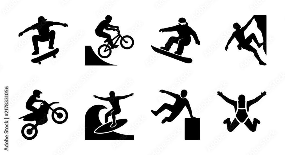 Fototapeta premium Extreme Sports Icons Set: Skateboarder, BMX Rider, Snowboarder, Climber, Motocross, Surfer, Parkour, Skydiver Silhouettes for Action and Adventure Graphics