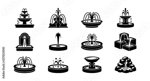 Elegant Fountain Icons Set, Classic Garden Water Features, Decorative Park Elements, Black and White Vector Graphics for Landscape Design