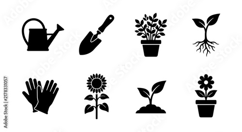 Gardening Icons Set, Vector Illustrations of Tools and Plants, Black Silhouette Graphics for Horticulture and Agriculture Concepts