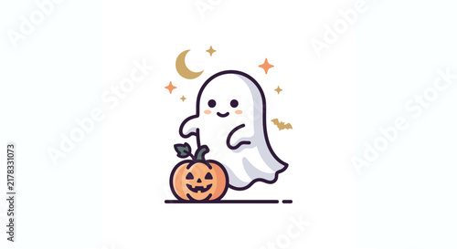 Friendly ghost with pumpkin under moon and stars.